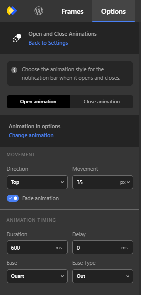 Open and Close settings for notification bars