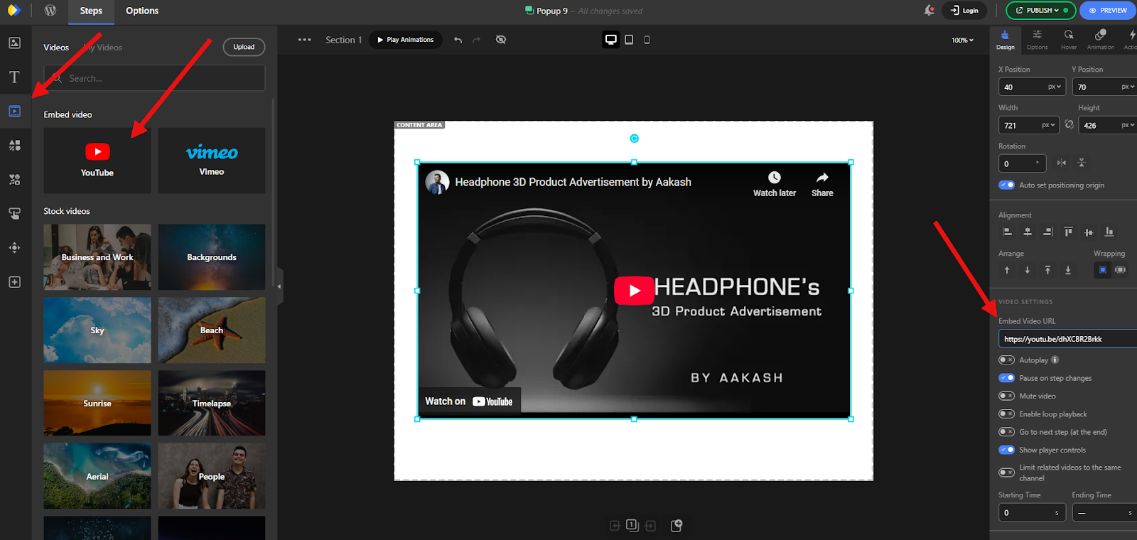 Add a YouTube element to the Popup