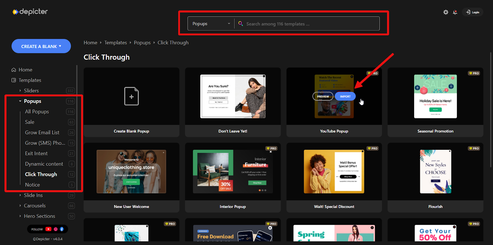 Importing a Popup Template