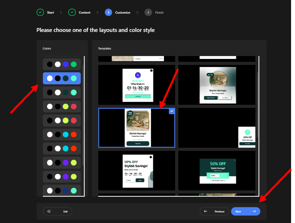 Choosing the popup layout and color style
