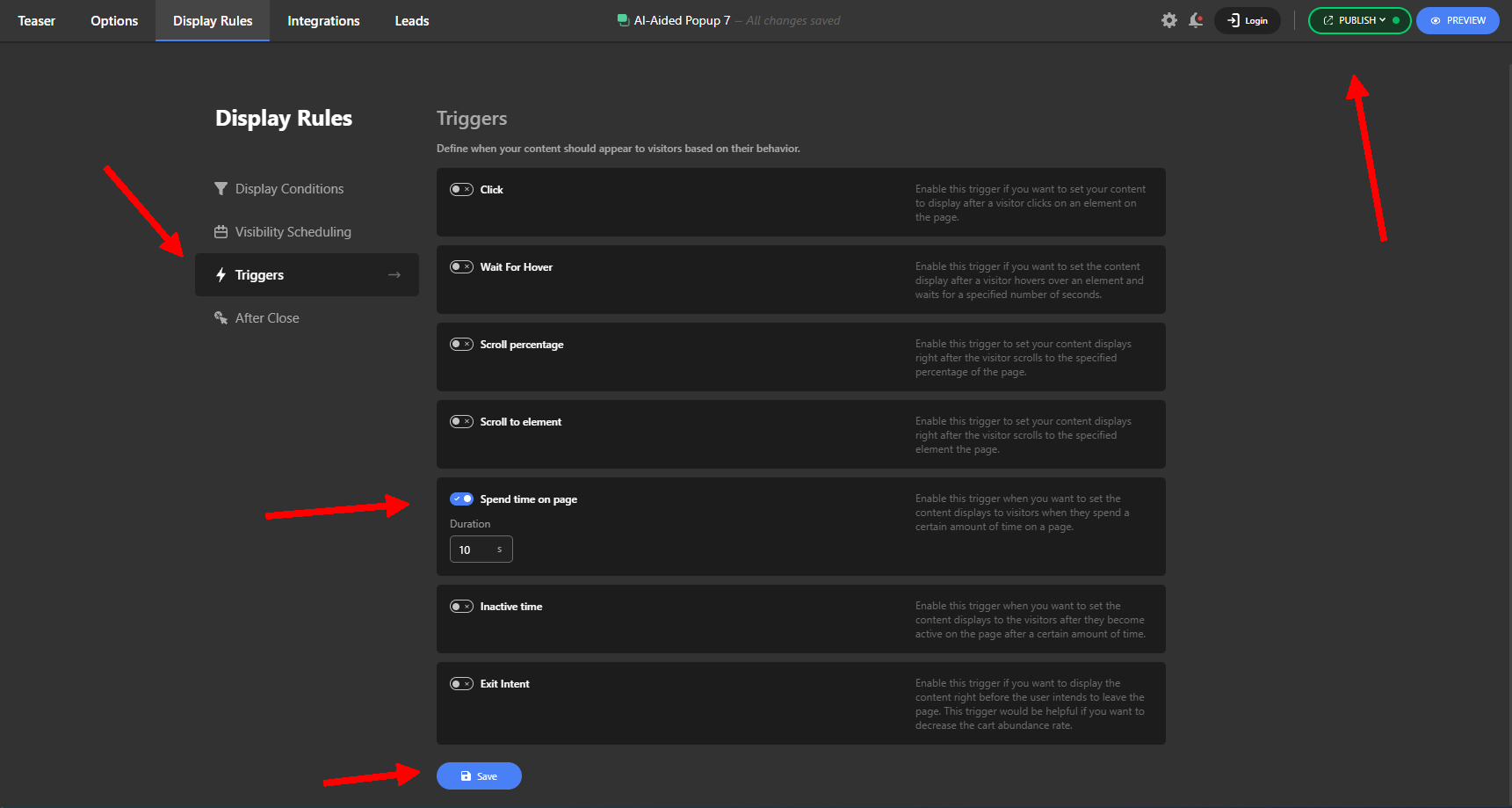 Configuring the Trigger for the popup and publish