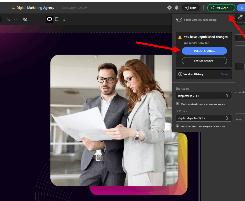 Publish changes button