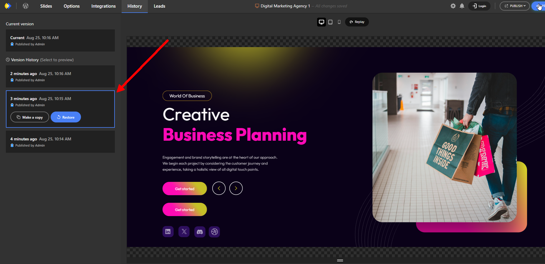 Make a copy of or restore a published version